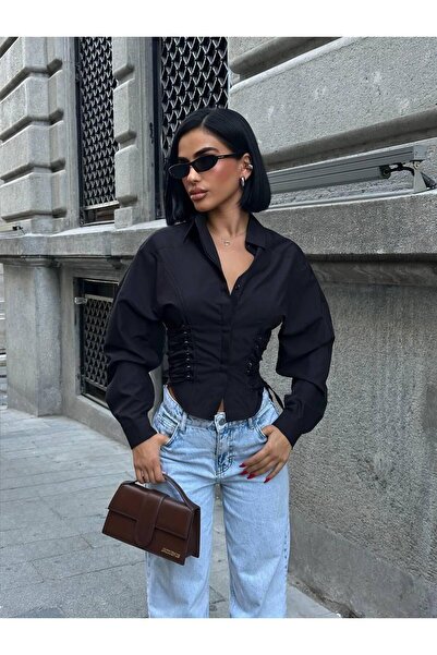 NEW JOURNAL Γυναικείο Μαύρο Πουκάμισο με Λεπτομέρεια Δαντέλας στο Πλάι Κοντό ...