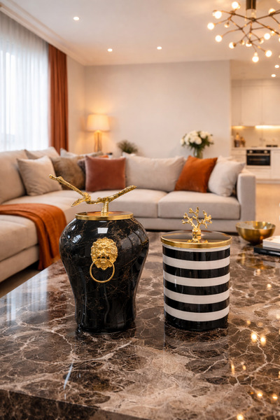 ferayhome Dekoratif Obje Aslanlı Şah Küp Siyah Mermer Silindir Siyah Zebra Go...