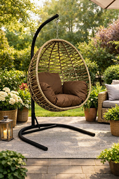 Alezy Armut Salıncak Tek Kişilik Minderli Makrome İp Örgü Bahçe-Balkon Asma S...