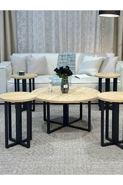 CN Beige wood top serving table set with 4 serving pieces
