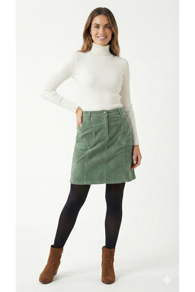 Zümrüt Moda Butik Kadın Petrol Mavisi Fitilli Kadife Yama Cepli Mini Etek