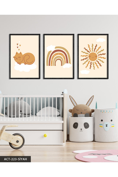 Evinemoda Сладко коте и дъга, 3-частна картина с дървена рамка ACT