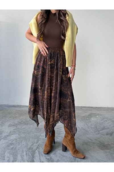 İLKCET MODA Asymmetrical Cut Brown Patterned Lined Women's Chiffon Skirt