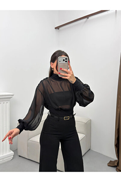 Zoom Butik Balıkçı Yaka Şifon Bodysuit - SİYAH