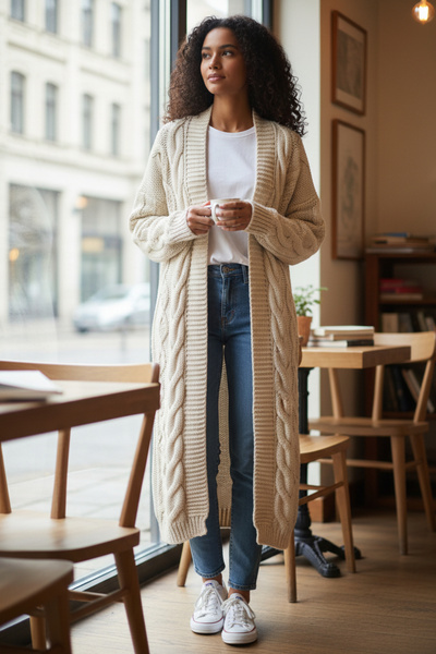 Knitoryx Kadın Saç Örgü Desenli Uzun Triko Hırka - 105 cm Oversize Salaş Kesim