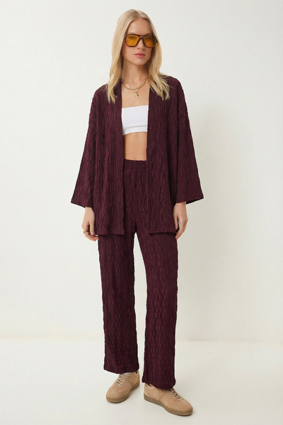 Lovelyİstanbul Textured Oversized Knitted Kimono Set Lby0041 Mürdüm