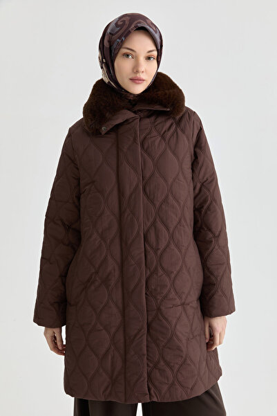 Tuğba Yakası Kürk Detaylı Kaban - Kahve