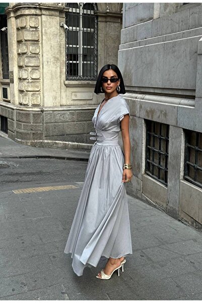 NEW JOURNAL Γυναικείο γκρι κορσέ με λεπτομέρειες, φόρεμα μάξι με κοντό μανίκι...