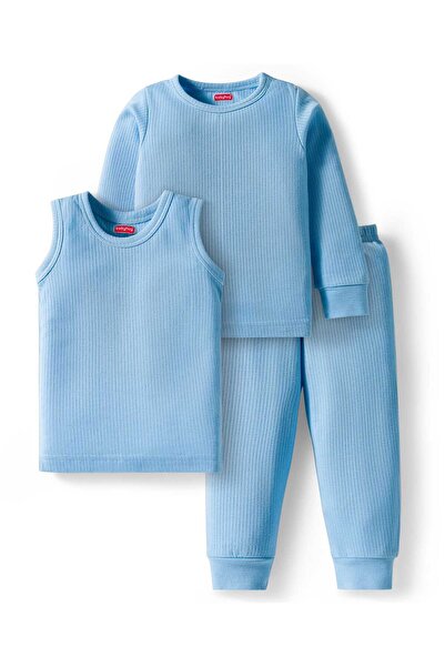 Babyhug طقم بنطال حراري محبوك سادة وسترة مع صدرية (3 قطع) - أزرق فاتح