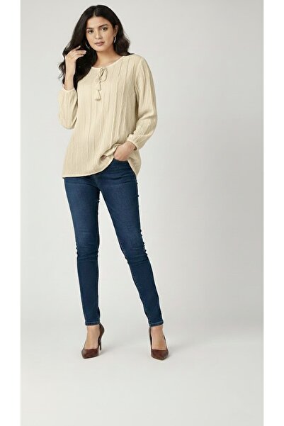 THEBEK Tie-Down Collar Fır Fır Fabric Long Sleeve Women's Blouse