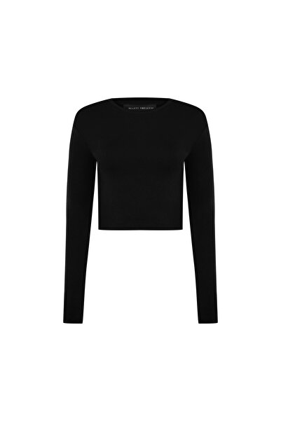 Beauty Omelette Siyah Bisiklet Yaka Uzun Kol Crop Body