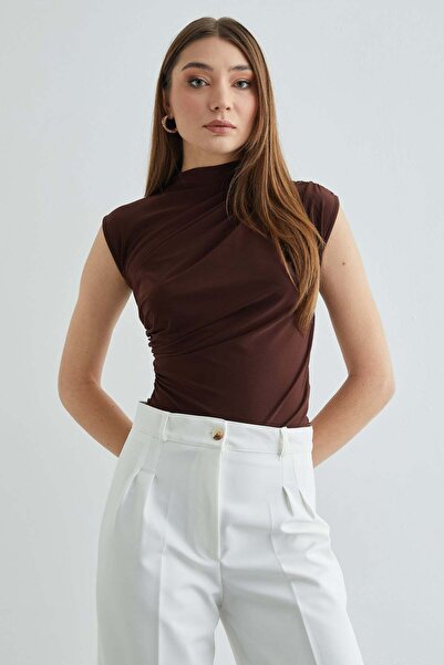 Fulla Moda Stand Collar Blouse with Draped Shoulder and Sides