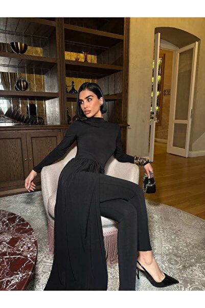 NEW JOURNAL Kadın Siyah Etek Görünümlü Kuşak Detaylı Tulum YEL221792