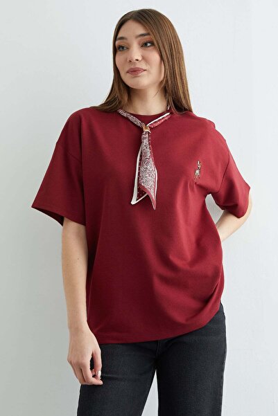 Fulla Moda Scarf Detailed Crew Neck Embroidered Oversized T-Shirt