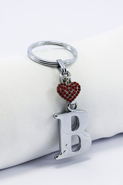 biuti سلسلة مفاتيح معدنية على شكل حرف B باللون الفضي مع قلب أحمر لامع / زينة ...
