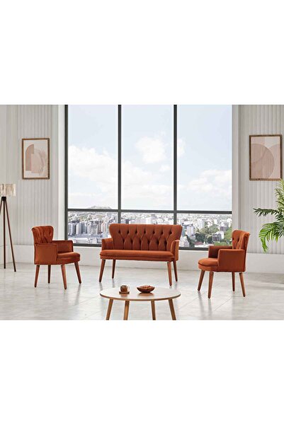 KIEZ Taba Turuncu Tarçın Kumaş Ceviz Ayak Ofis Koltuk Takımı Çay Seti Koltuk ...