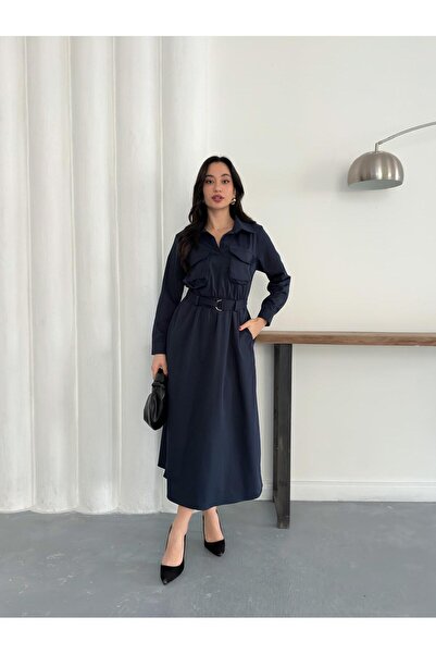 Nazline Women's Elastic Belted Maxi Dress with Flap Pockets