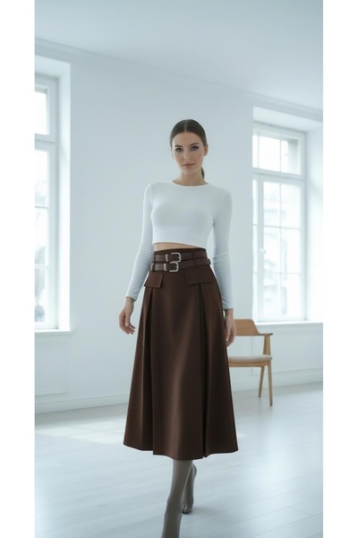 hancez Çift Kemerli Midi Boy Etek 9547