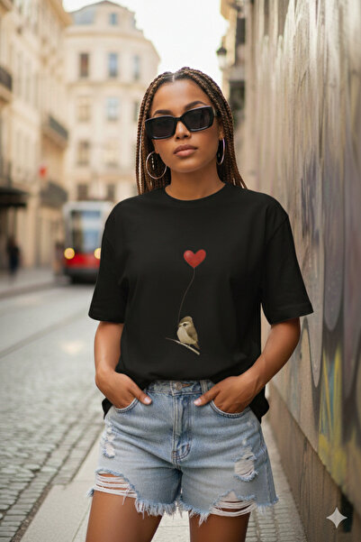 JENOLAN Women's Heart&Bird Printed Oversized T-Shirt Loose Fit
