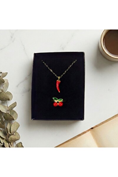YZbuy Kırmızı Biber & Kiraz Figürlü Gold Kadın Kolye Yüzük Seti