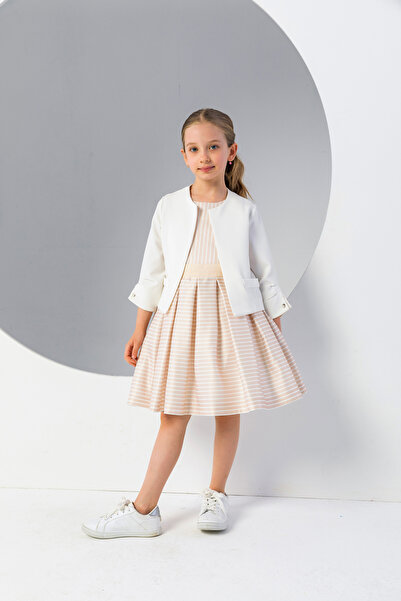 incity Girl's Stylish Ecru Jacket with Pearl Sleeve Detail - New Season
