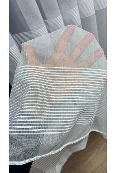 VOLPER MEKANİK 2672 Striped Modern Living Room Curtain 1/3 Dense Pleated Tulle Curtain (White)