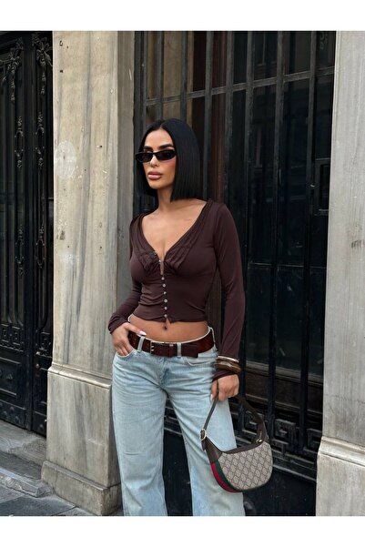 NEW JOURNAL Women's Brown Ruffle Detailed Buttoned Stylish Blouse Yel221772