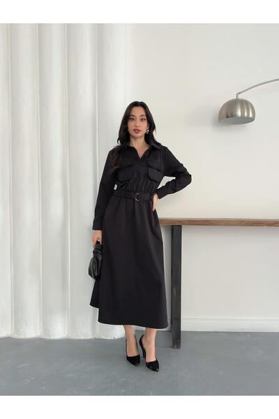 Nazline Women's Elastic Belted Maxi Dress with Flap Pockets