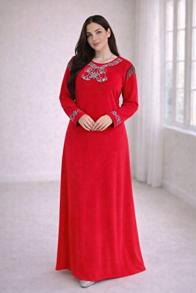 Elbikom Büyük beden kadife kumaş elbise - kırmızı