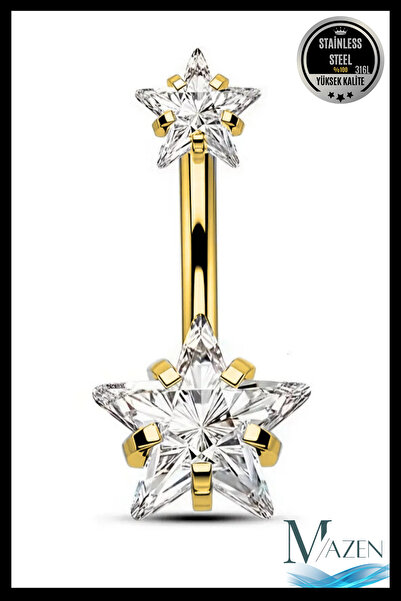 MAZEN Gold Yıldız Zirkon Taşlı Göbek Piercing | 316L Çelik | Kadın Takı Akses...