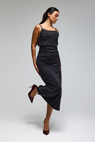 it's basic Women's Black Color S6-1 Maxi Length Strap Dress Slit Special Fabr...