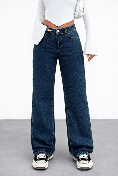 Polo State Women's Regular Waist Wide Leg Star Embroidered Navy Blue Jean Tro...