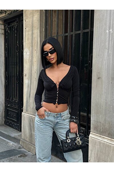 NEW JOURNAL Γυναικεία Μαύρη Κομψή Μπλούζα με Λεπτομέρεια με βολάν Κουμπιά YEL...