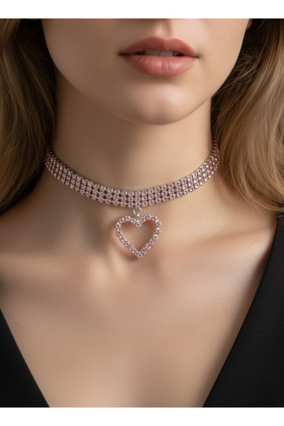 Eva Takı Store Üç Sıralı Kalp Figürlü Kristal Taşlı Choker Tasma Pembe Renk K...