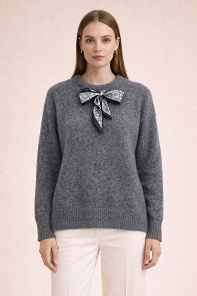 Kirazgym Women's Soft Collared Sweater with Scarf Detail - Smoked