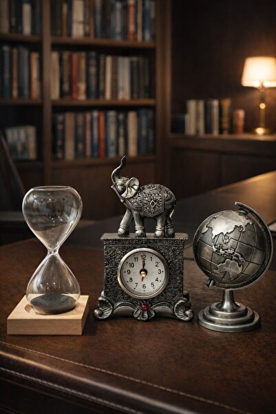 Lexi Bella 3'lü Ev Ofis Biblo Seti Eskitme Gümüş Fil Masa Saati & Metal Dünya...