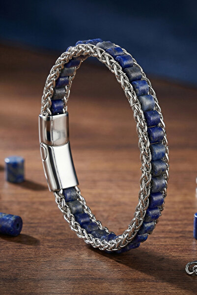 OSMANLI GÜMÜŞ Erkek Kadın Mavi Lapis Taşlı Hasır Örgü Çelik Kordon Doğal Taş ...