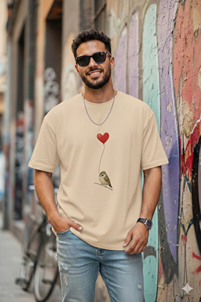 JENOLAN Ανδρικό μπλουζάκι με στάμπα Heart&Bird Oversize, Φαρδύ