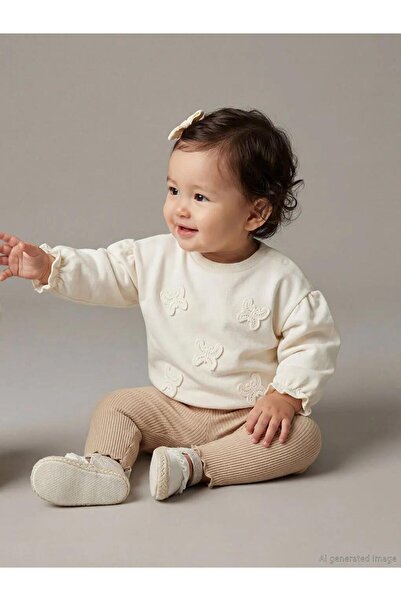 LC Waikiki سويت شيرت وبنطلون ضيق للفتيات الصغيرات باللون البيج (S6)