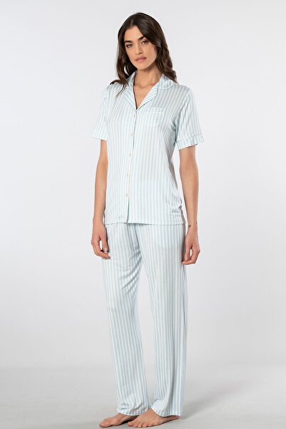 TÜREN Striped Short Sleeve Shirt Collar Pajama Set