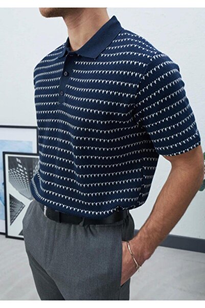 Valiberta Nordic Patterned Knitted Fabric Viscose Men's T-Shirt - Navy Blue