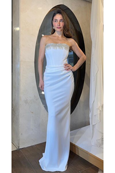 SpringStore Ekru Yakası İşlemeli Üstü Krep Altı Saten Abiye