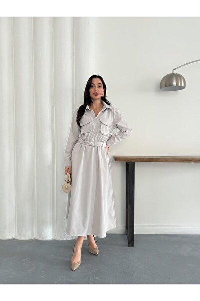 Nazline Women's Elastic Belted Maxi Dress with Flap Pockets