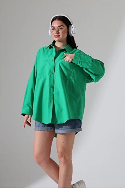 GÖMLEKÇİNİZ Poplin Fabric Oversized Pocket Women's Shirt – Green