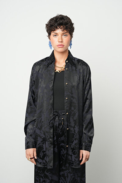 Orfeo Negro Women's Night Black Abstract Floral Pattern Silky Satin Look O Ov...