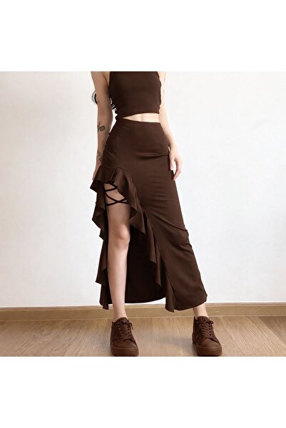 morche Women's Volanli Single Leg Slit Long Fish Model Ruffled Maxi Gothic Skirt