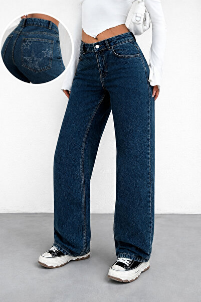 Polo State Women's Regular Waist Wide Leg Star Embroidered Navy Blue Jean Tro...