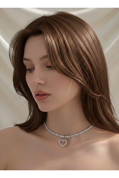 Eva Takı Store Tek Sıralı Kalp Figürlü Kristal Taşlı Choker Tasma Silver Renk...