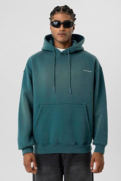 VAMOSCLO Oversize Yıkamalı Baskılı Sweatshirt Petrol