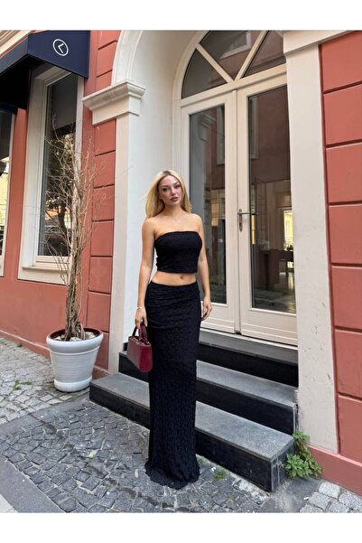 NEW JOURNAL Women's Black Strapless Slit Lining Detailed Crop-Skirt Set Yel22...